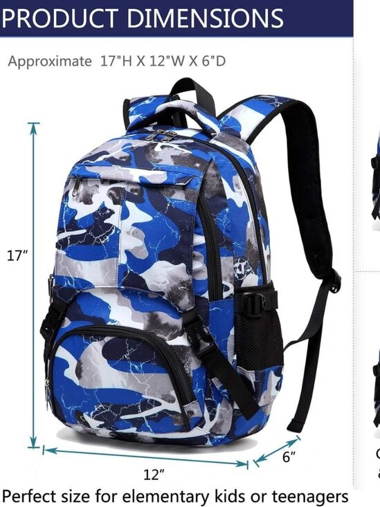 Blue Camouflage Backpack Large Compartment Elementary/Middle School NWOT - Picture 5 of 8